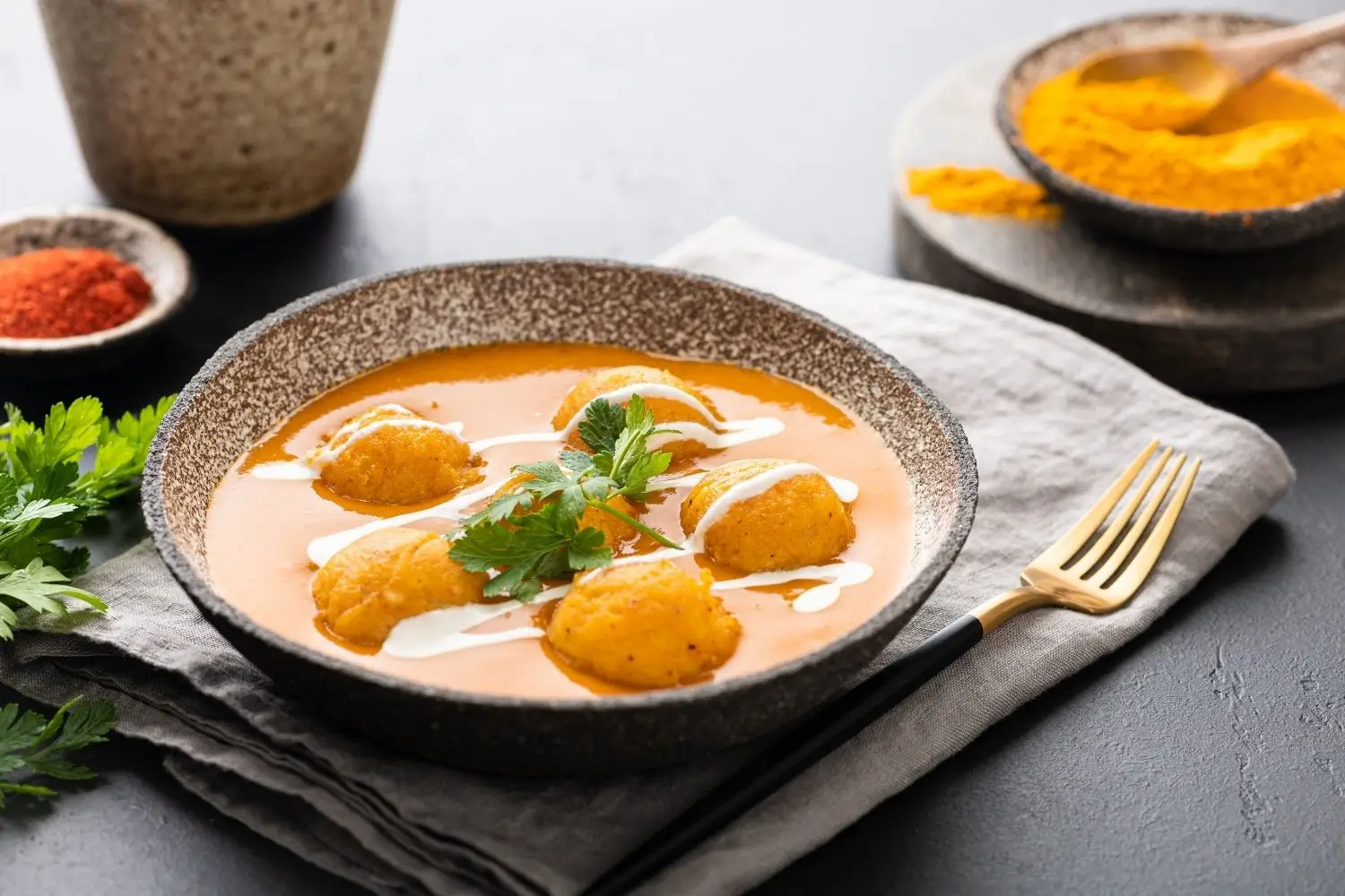  A serving of Malai Kofta, consisting of dumplings in a flavorful curry sauce, presented with fresh herbs for garnish.
