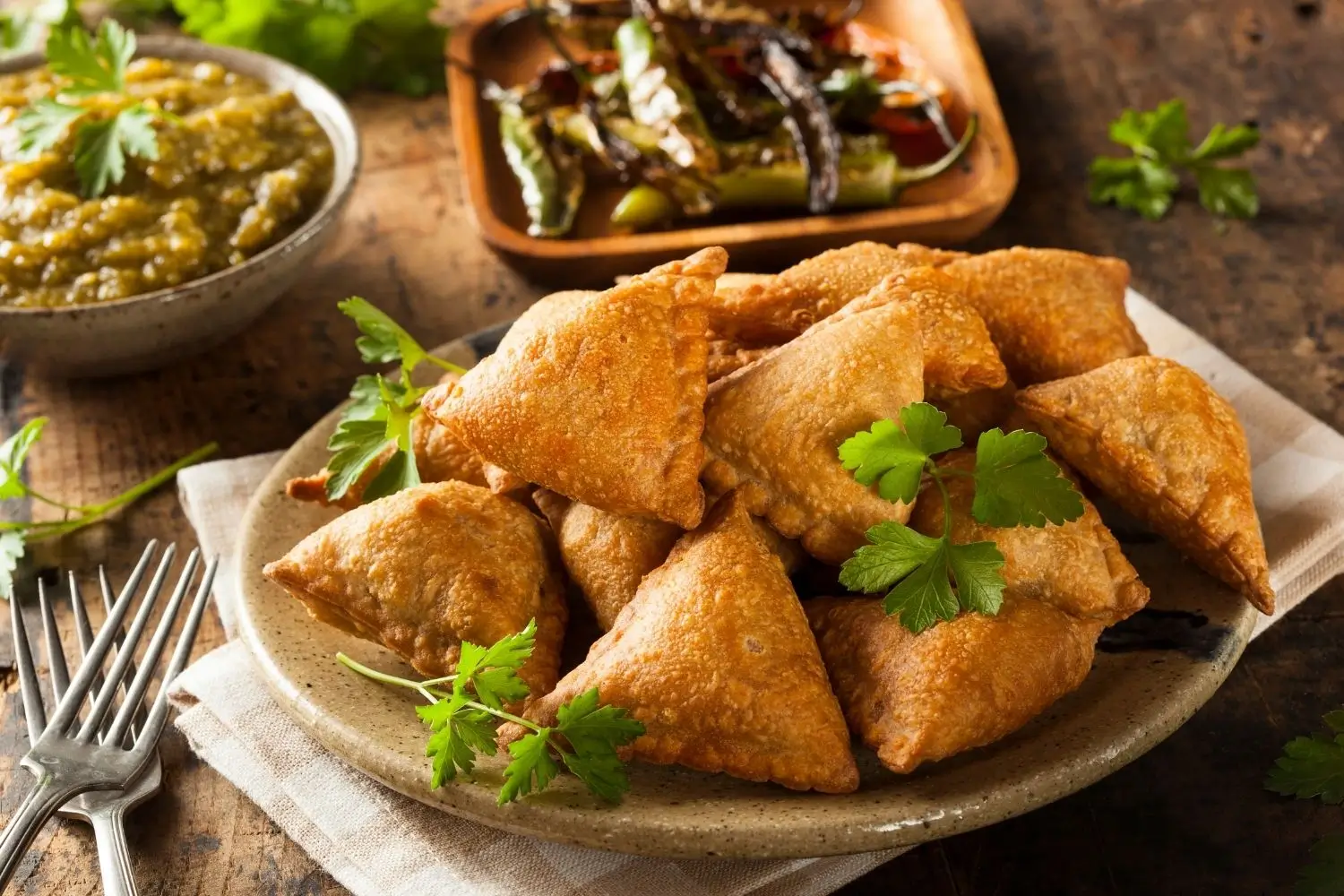 A crispy vegetable samosa served with a tangy dipping sauce on a white plate.